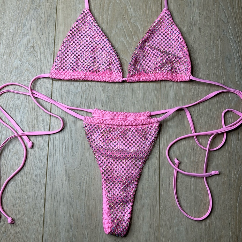 Pink rhinestone sparkle thong triangle bikini top sexy adjustable pool swim